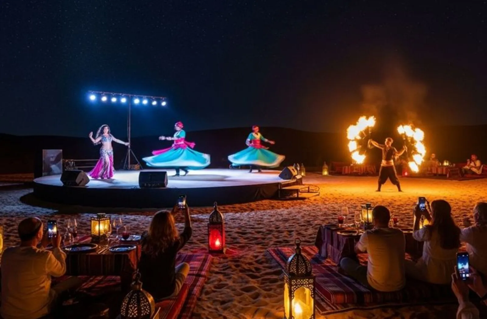 Guests watching a traditional tanoura dance and fire show during an evening desert safari in Dubai.