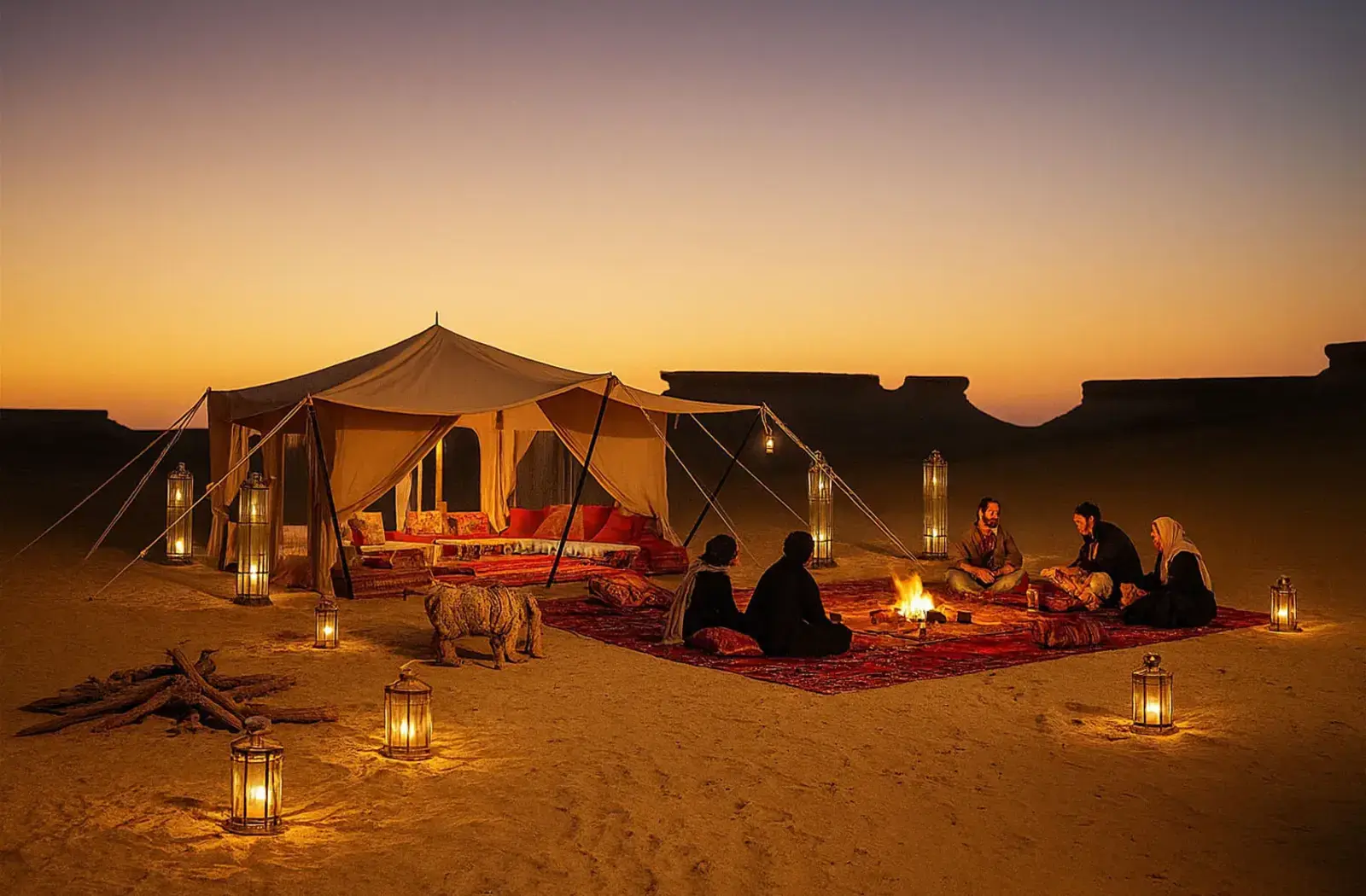 Guests enjoying a bonfire with a traditional desert camp in the background during an evening desert safari in Dubai.