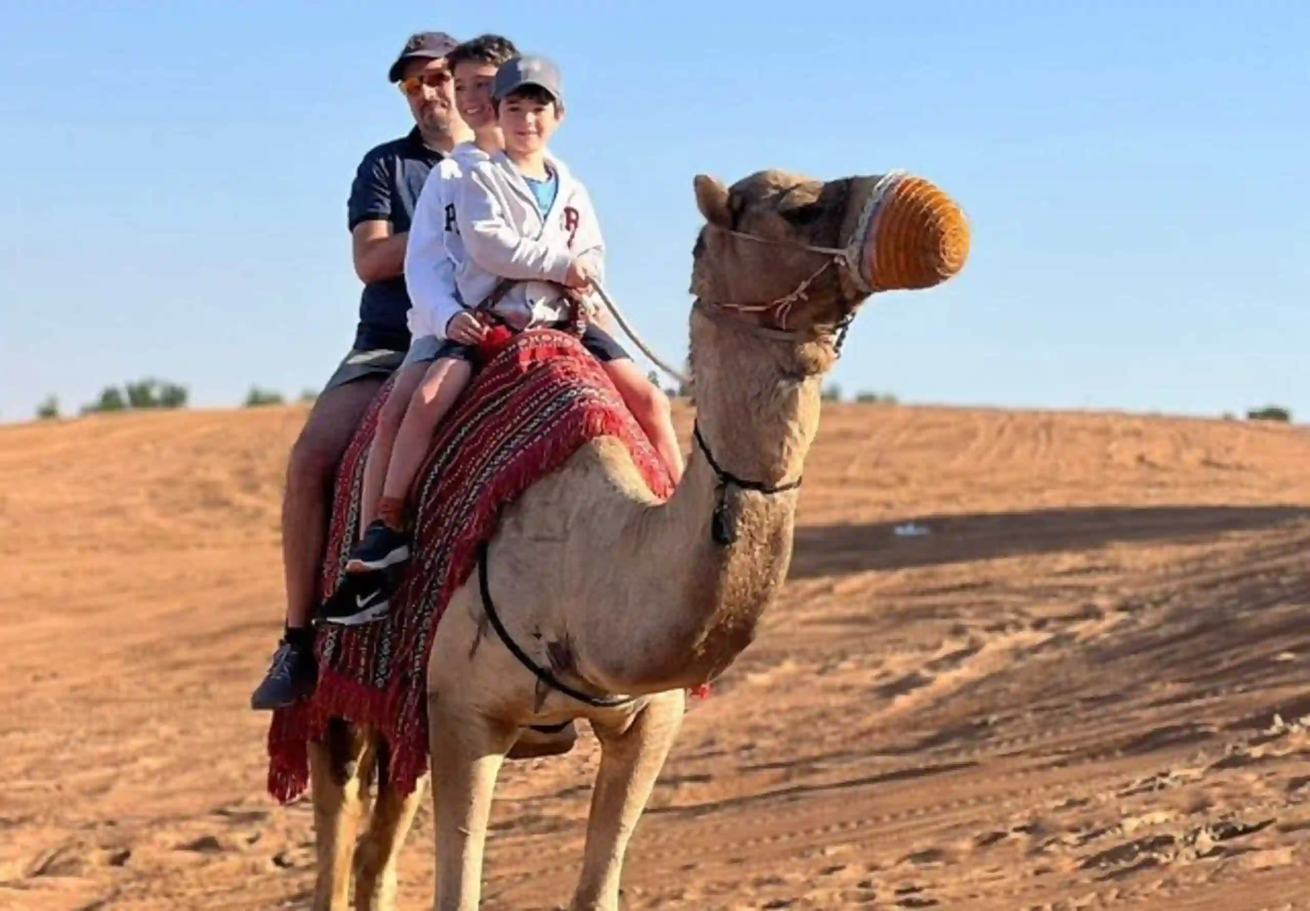 Father and sons enjoying a camel ride during a morning desert safari in Dubai
