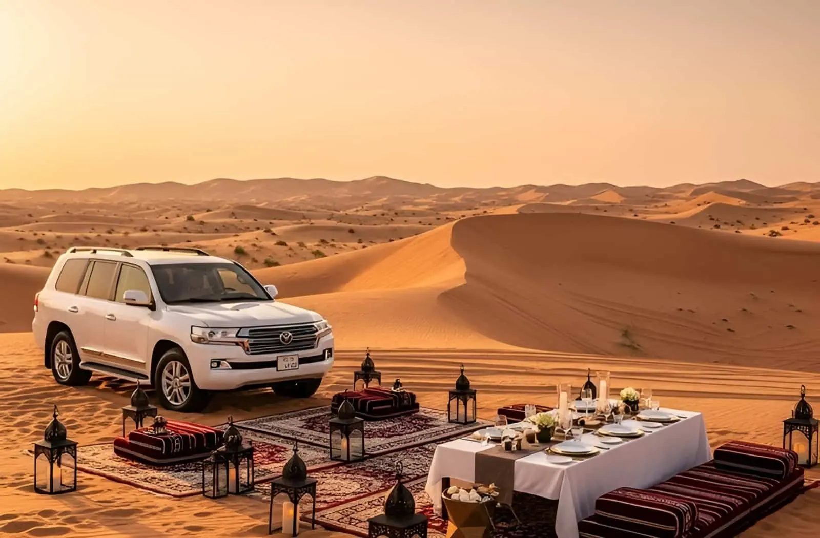Luxury majlis and dining setup with a scenic desert view during a premium desert safari in Dubai